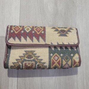 Vintage Aztec Tapestry Wallet With Gold Metal Clasp & Burgundy Interior By Kolf
